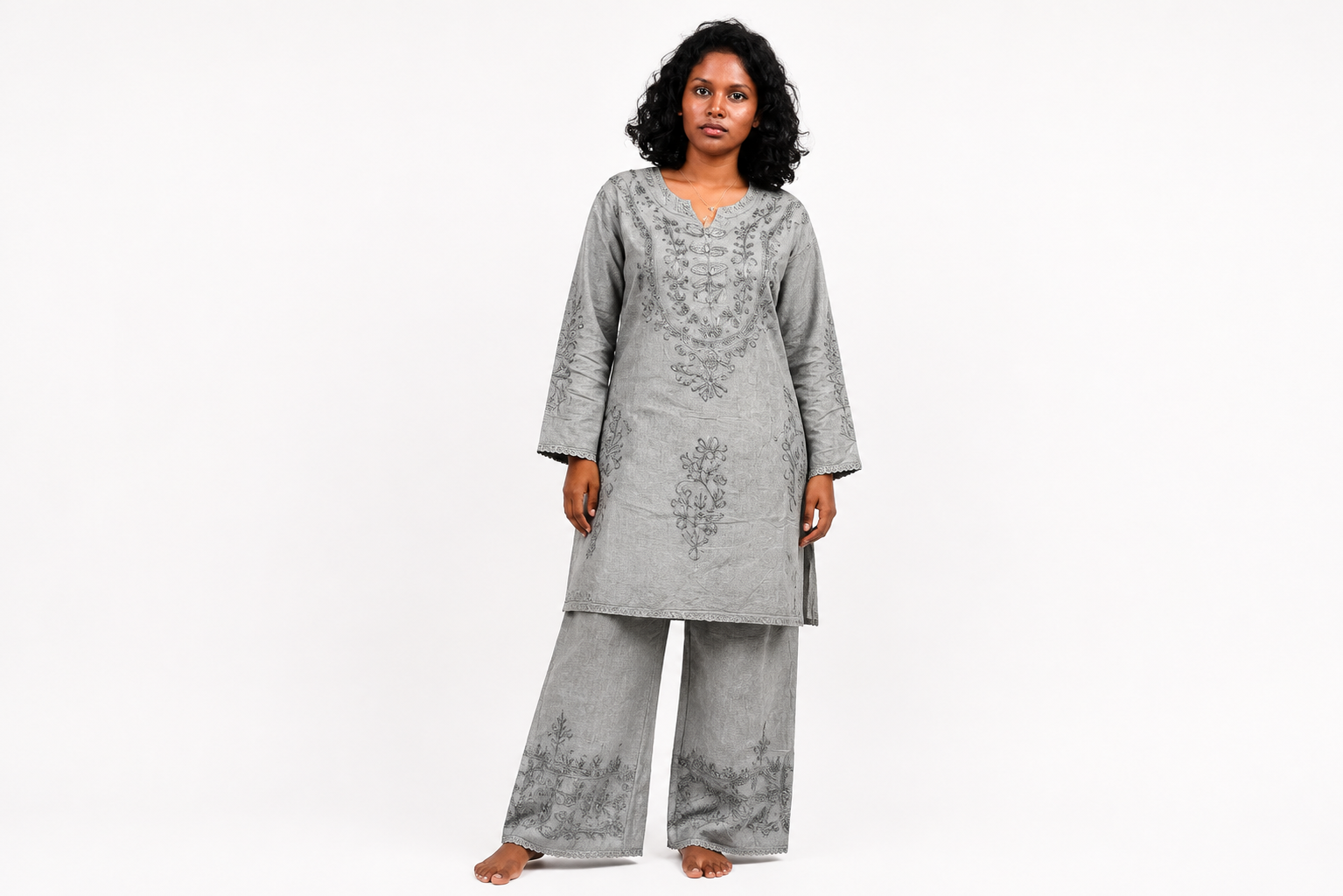 Ancient Mayan Floral Detail Kurta Co-ord Set – Stone Grey