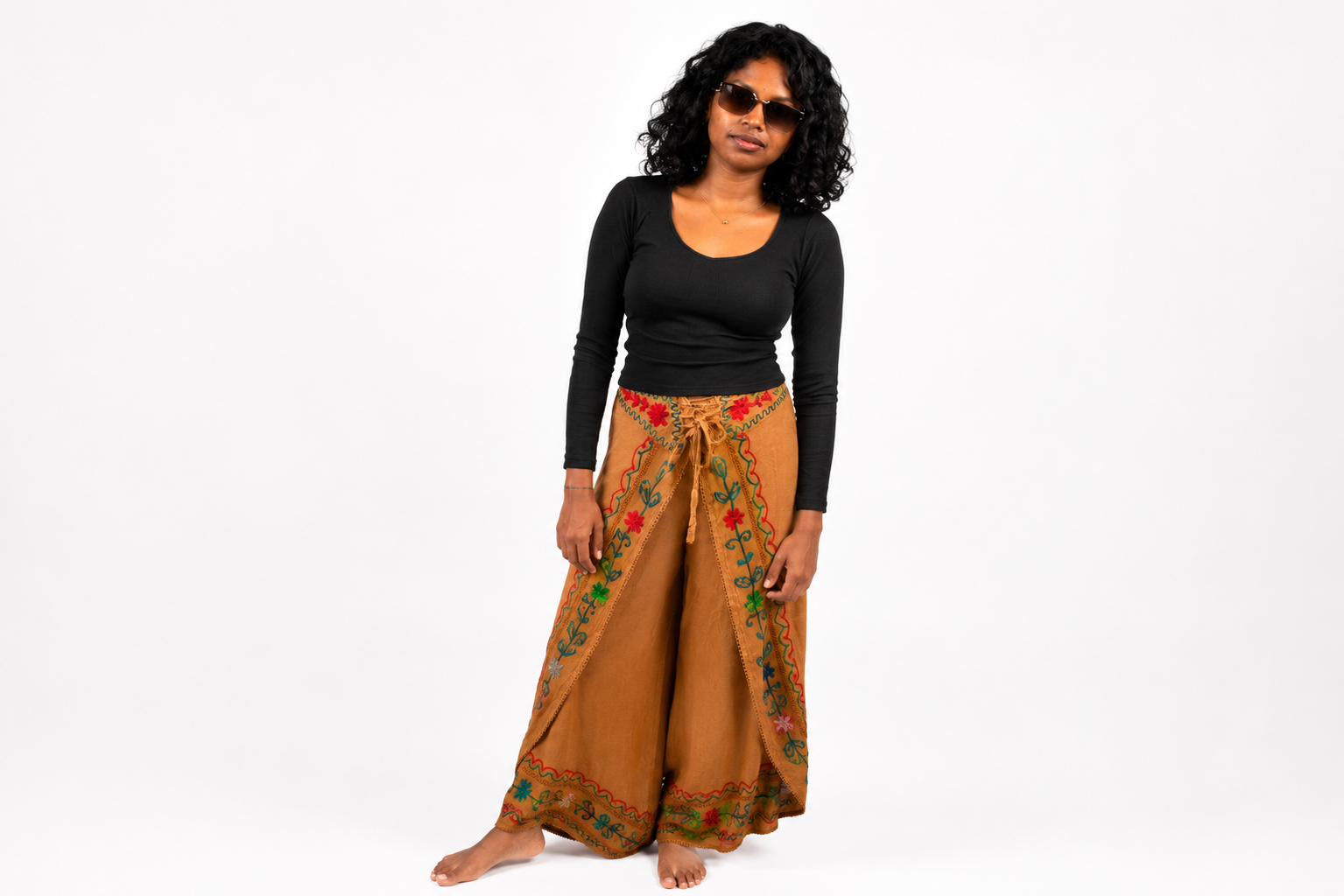 Ancient Mayan Floral Wrap Wide-Leg Pants – Earth Brown
