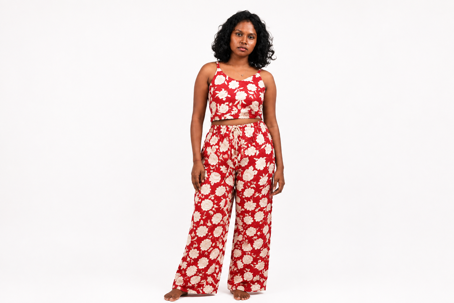 Ancient Mayan Floral Wide-Leg Co-ord Set – Crimson Red