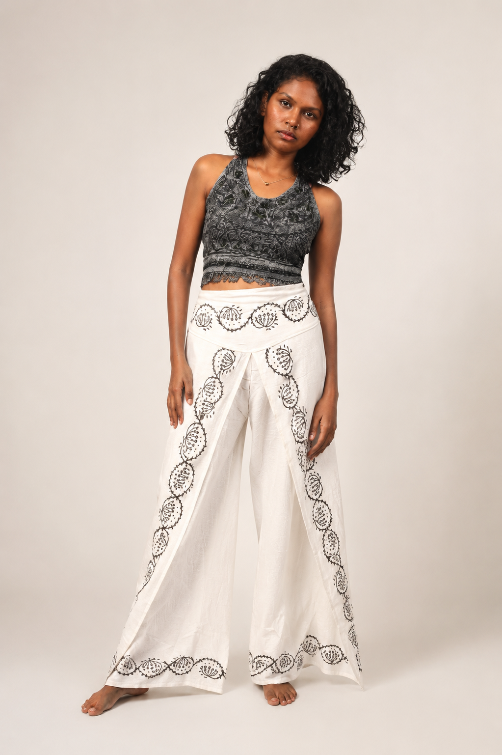 Ancient Mayan Motif Wide-Leg Wrap Pants – Ivory