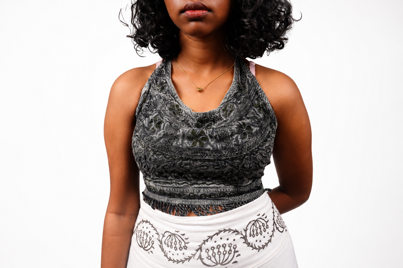 Ancient Mayan Ornamental Halter Crop Top – Charcoal Black